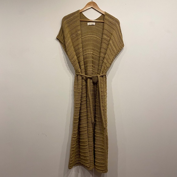 Aggel Knitwear Tan Loose Knit Long Cap Sleeve Open Front Cardigan Sweater Medium - Picture 1 of 5